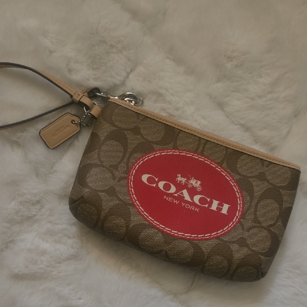 Coach Brown and Red Logo Wristlet